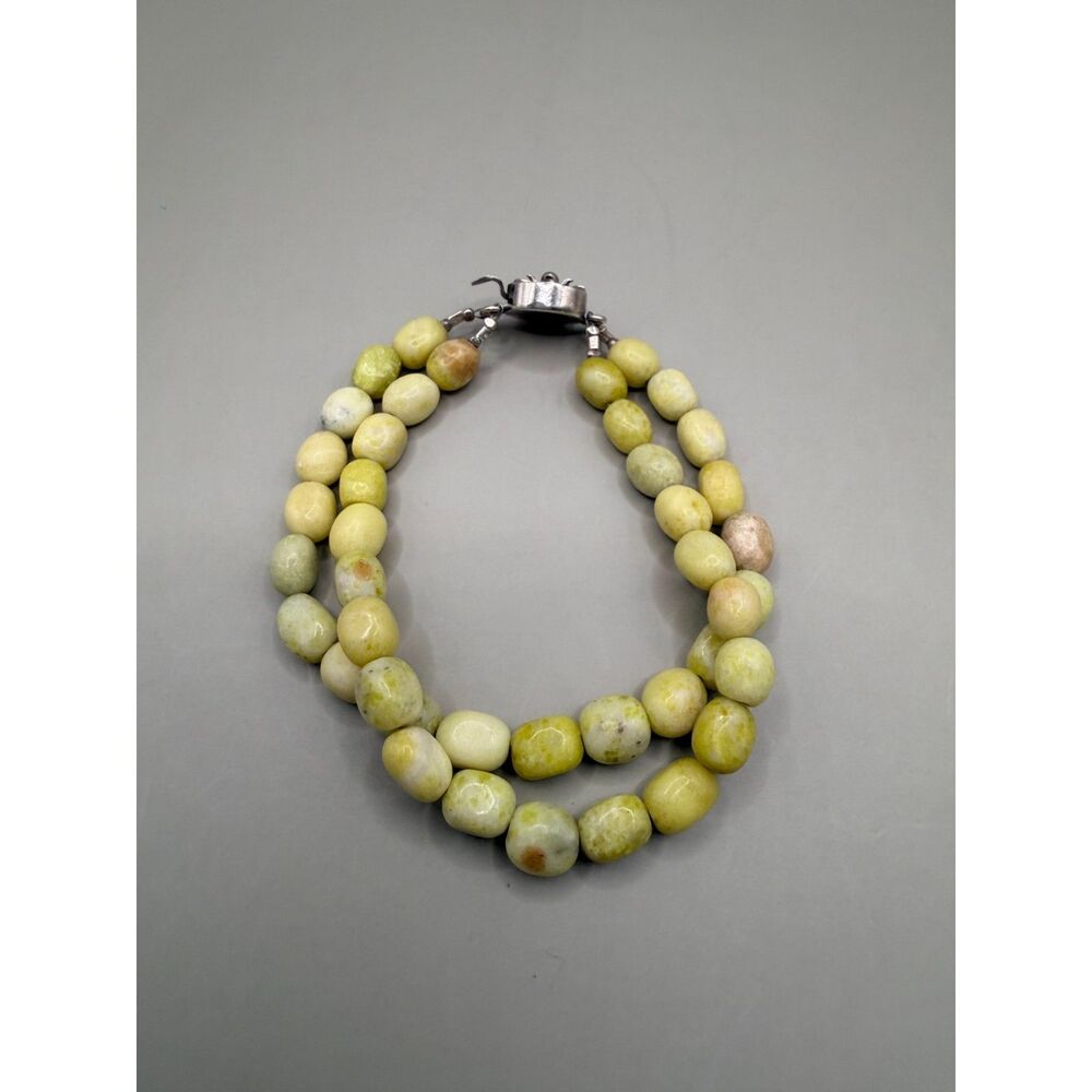 Vintage Yellow Jasper Double Strand Bracelet 925 Sterling Silver Floral Clasp